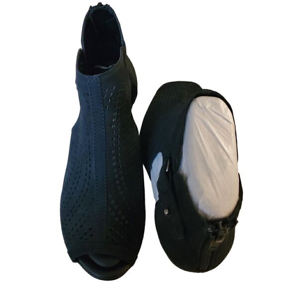 Earth Open Toe Black Suede Booties, Woman's Black Peep Toe Shoes - Picture 3 of 6